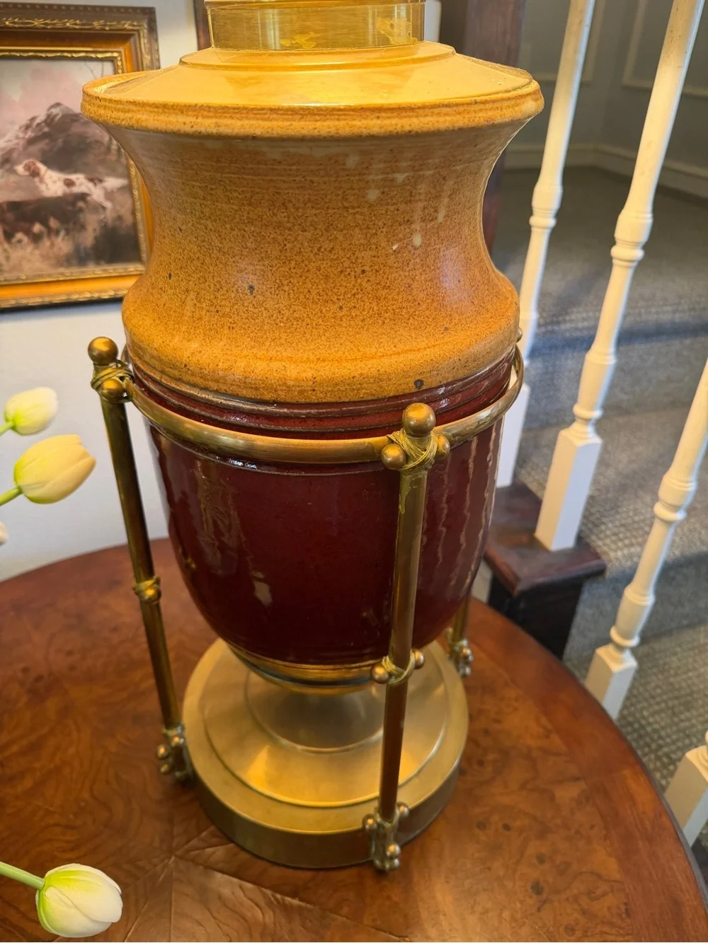 Vintage Mid Century Ceramic Brass Accent Table Lamp in Red and Tan by - Picture 6 of 12